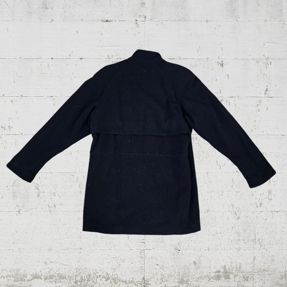 90s Vintage Black Wool Blend Toggle Closure Leather Trim Overcoat Size Medium - Picture 13 of 13